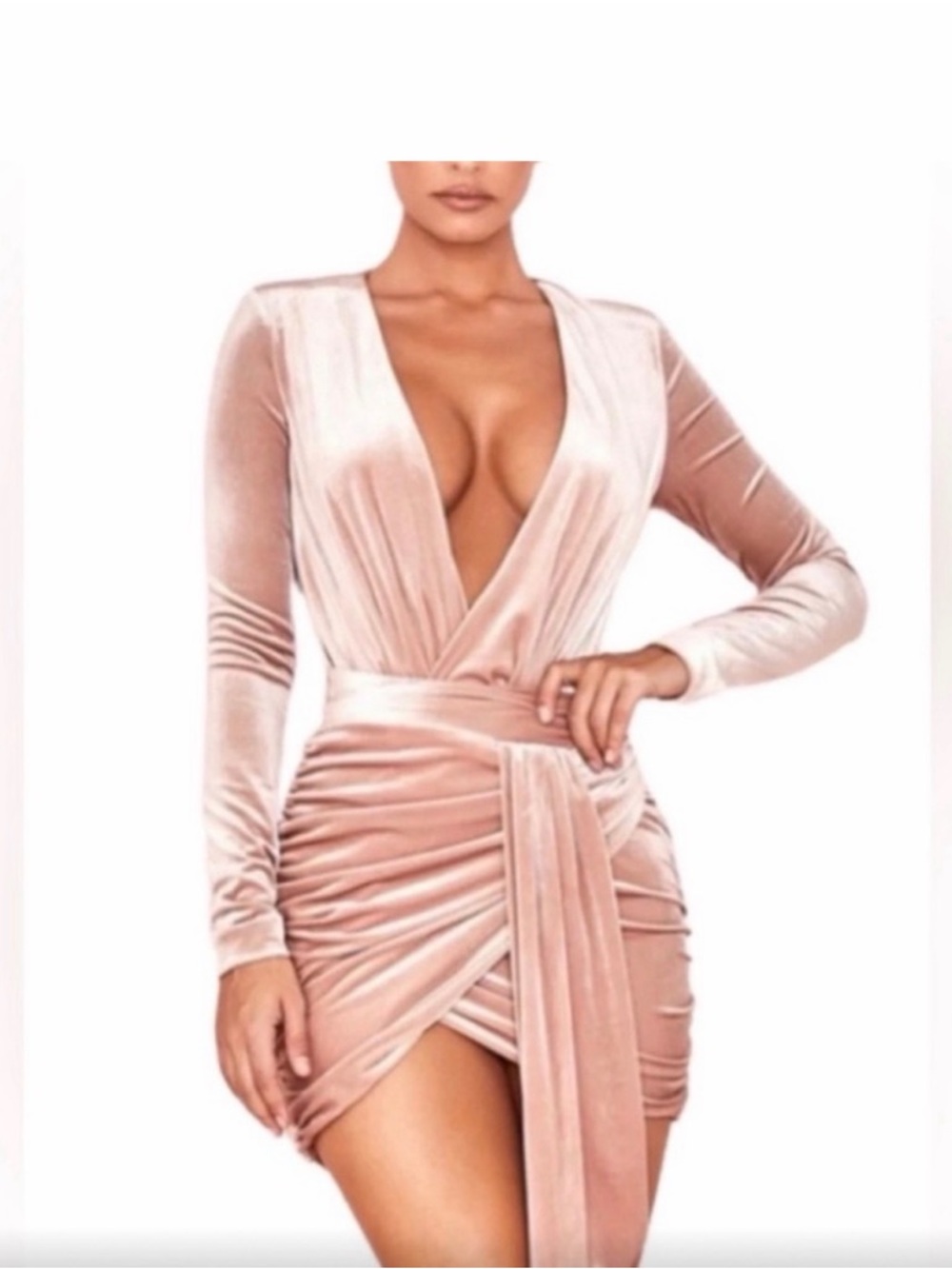 House of CB Dress Farrah Blush Velvet Plunge Mini Dress Size Large